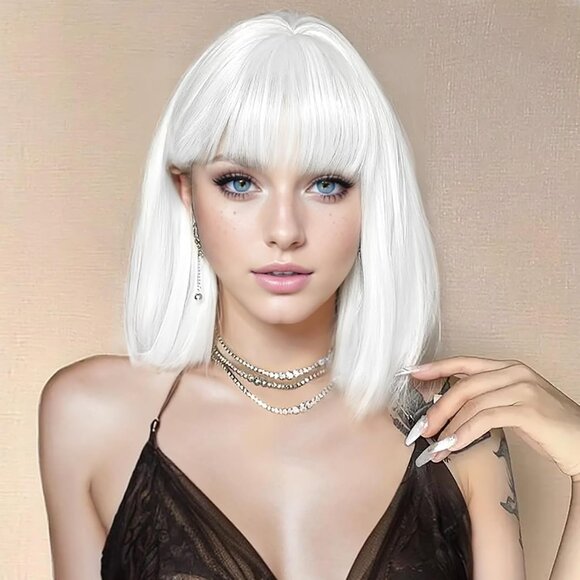 NEW Silver White Bob Wig with Bangs Short Straight White Wig - Picture 1 of 1